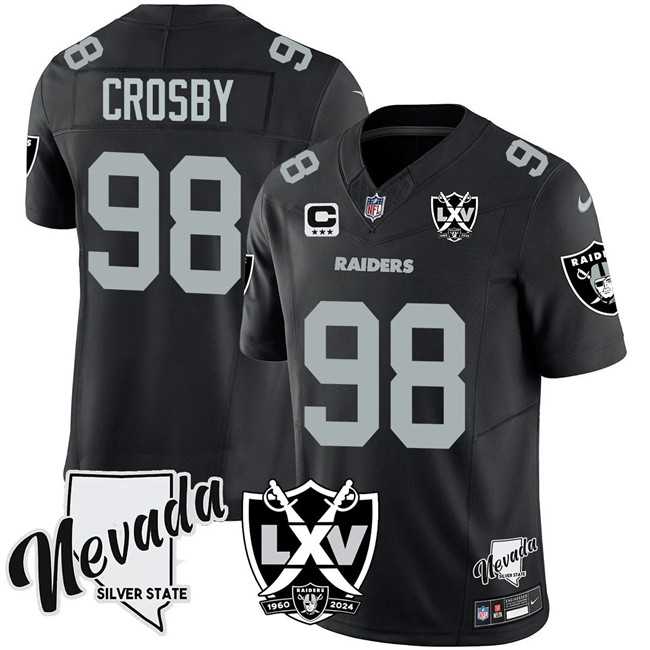 Men & Women & Youth Las Vegas Raiders #98 Maxx Crosby Black 2024 F.U.S.E With Nevada Silver Stat Patch And 65th Anniversary Patch 3-Star C Patch Stitched Jersey->las vegas raiders->NFL Jersey